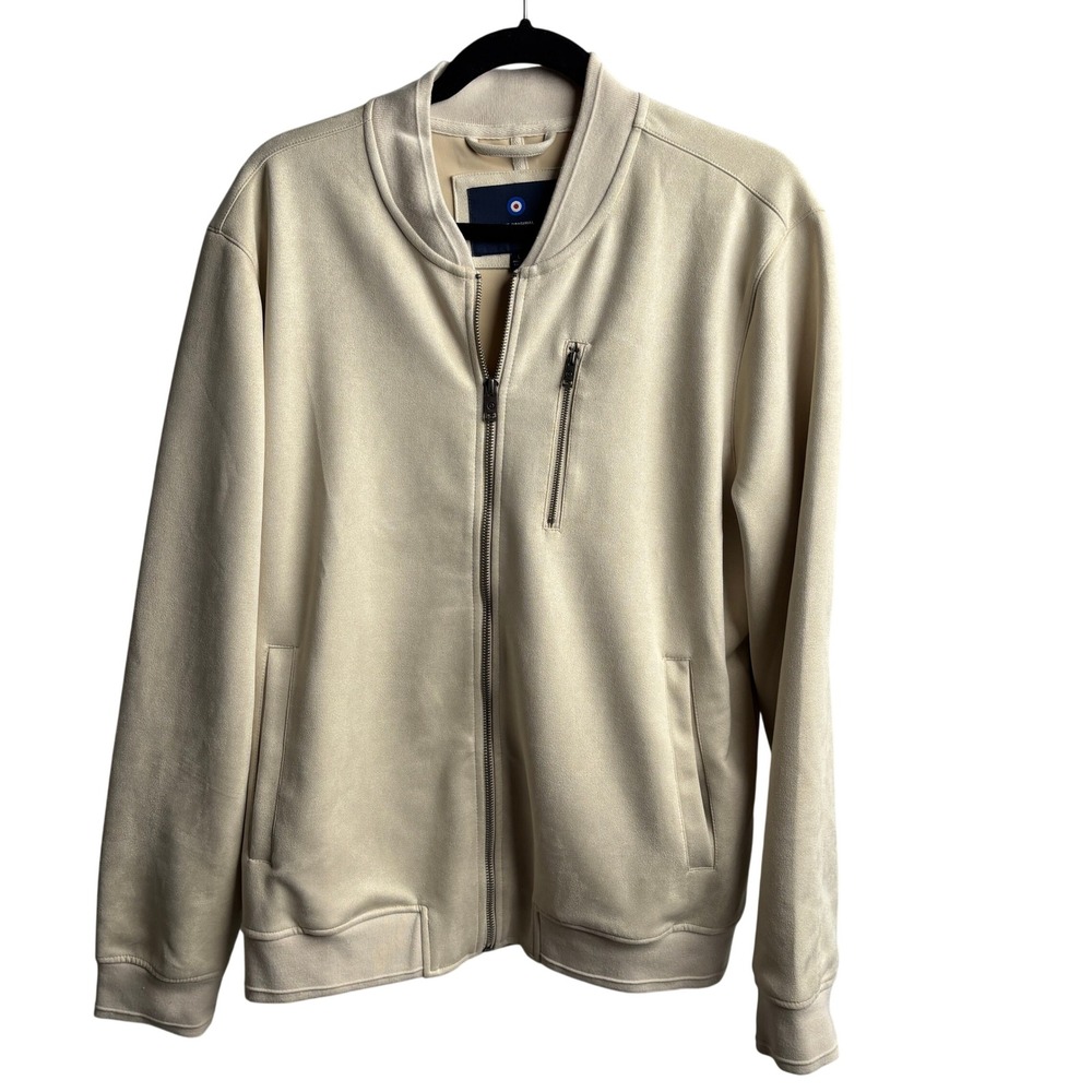 Ben Sherman Mens Faux Suede Bomber Jacket Beige Tan‎ Full Zip L Minimalist